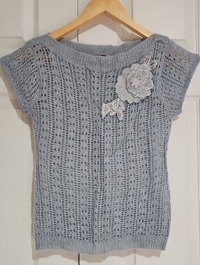 ❄️ Takara Light Blue Knit Top Floral Appliqué Soft Feminine
